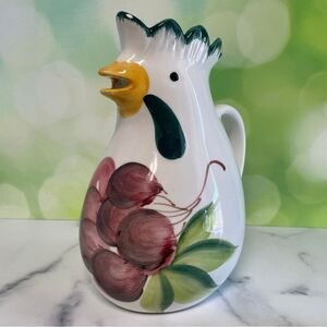 Vintage Italian Hand painted Rooster Pitcher Fruit Motif  Ceramic 8.5”